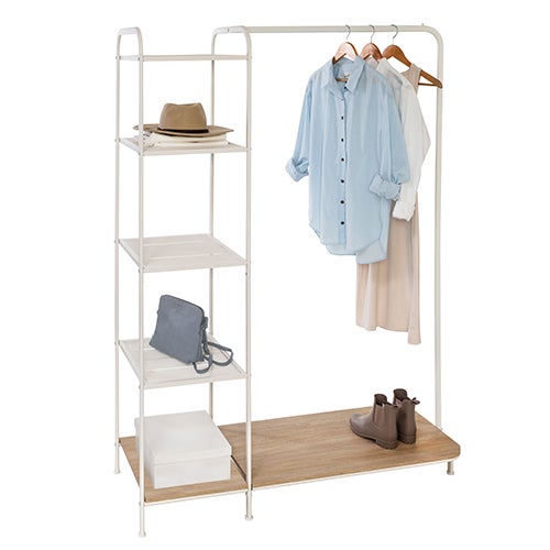 Freestanding Metal Clothing Rack w/ 4 Shelves, White/Ash