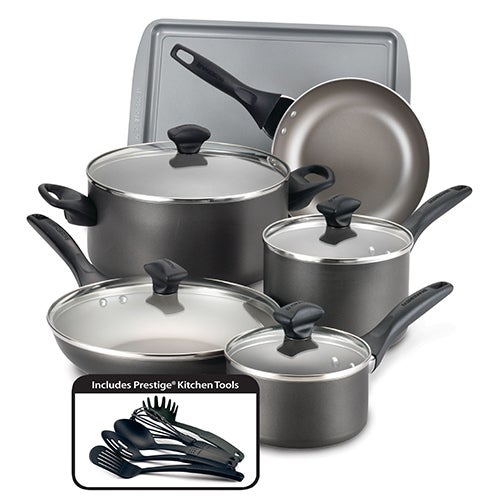 15pc Dishwasher Safe Nonstick Cookware Set, Pewter