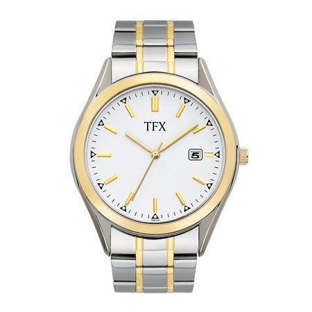 TFX Mens Two Tone Stainless Steel Watch, White Dial